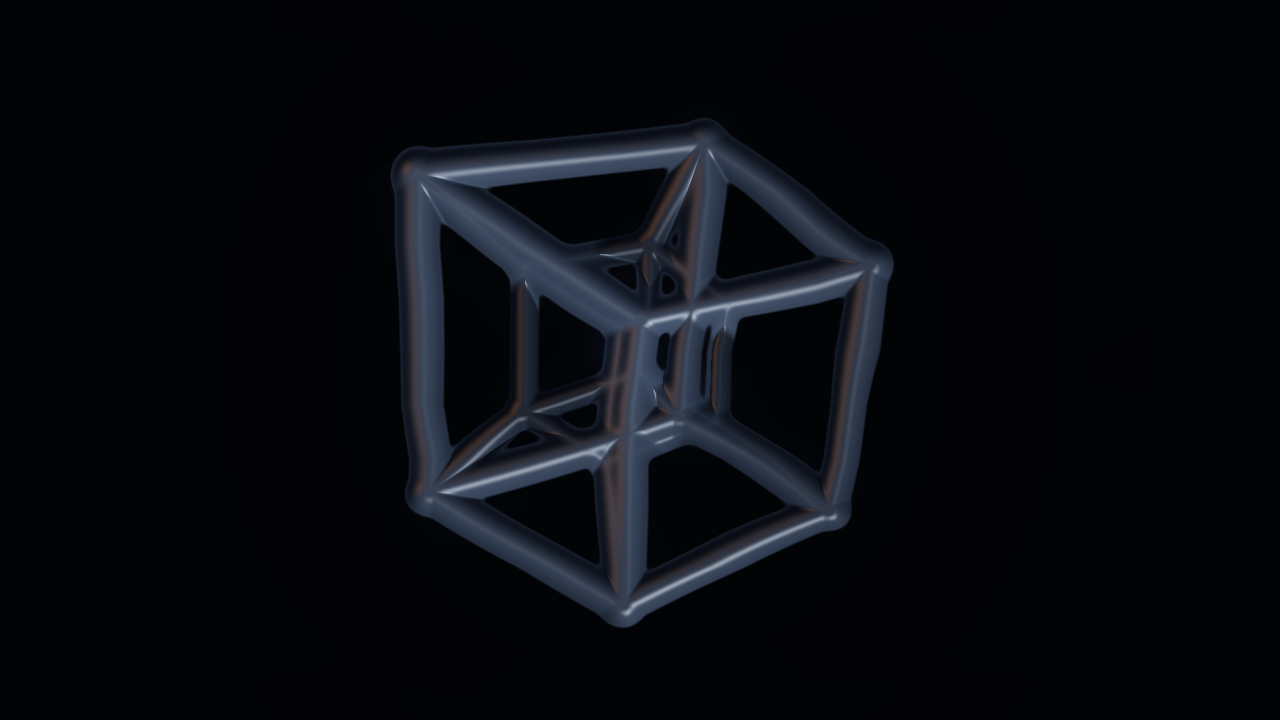 A slender tesseract wireframe that reads as dark plastic.