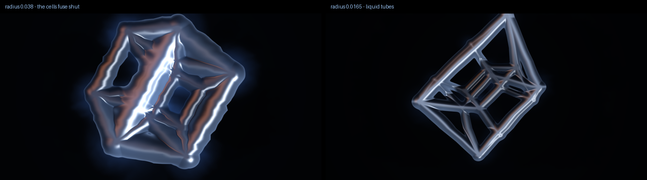 Left: fat fused tubes. Right: slender liquid tubes.